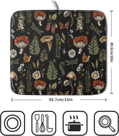 Mushroom Fern Leaves Berry Dish Drying Pad 16 x 18 Inch with Absorbent Reversible Microfiber Vintage Botanical Nature Forest Black Drying Mats For Kitchen Counter Dining Room Decoration