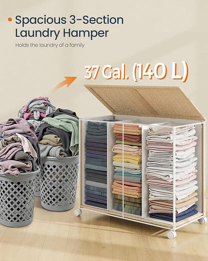 SONGMICS HOME Laundry Hamper with 3 Section, Large 140 L Rolling Laundry Basket with Wheels, Rattan Clothes Basket with Lid, Removable Liner with Handles, Natural Beige and Matte White ULCB602N01