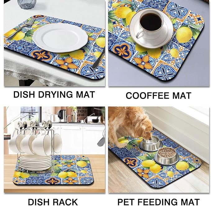 Rubber Dish Drying Mat for Kitchen Counter Large Lemon Washable Quick Home Coffee Pad Fit Under Sink,Bar,Utensils 18x24in