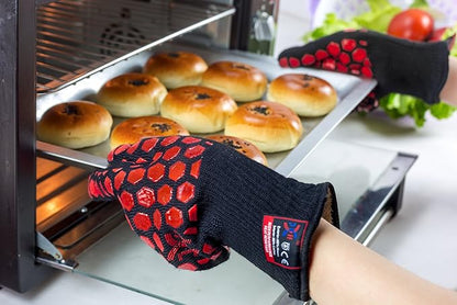 J H Heat Resistant Oven Glove:EN407 Certified 932 °F, 2 Layers Silicone Coating, Oven Mitts for Cooking, Kitchen, Fireplace,Camping, Grilling (Black/Red, Extra Long Cuff)