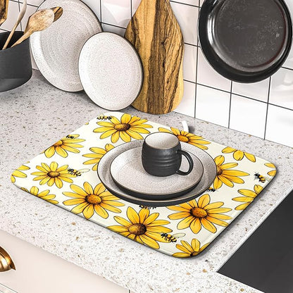 Spring Summer Sunflower Bee Dish Drying Mat of Kitchen Counter 16×18 Inch Floral Drainer Pad Flower Dish Rack Pad Drainer Mat Washable Absorbent Reversible Microfiber for Coffee Bar