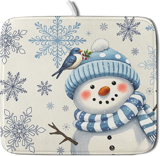 Winter Snowman Dish Drying Mat for Kitchen Counter 16x18 Blue Snowflake Bird Christmas Holiday Absorbent Reversible Microfiber Drying Mats Kitchen Countertop Protector Dishes Drainer Rack Pad