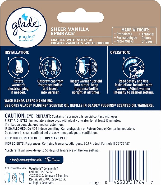 Glade PlugIns Refills Air Freshener, Scented and Essential Oils for Home and Bathroom, Sheer Vanilla Embrace, 1.34 Oz, 2 Count