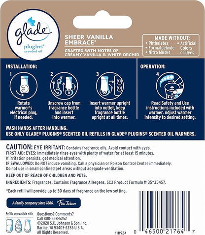 Glade PlugIns Refills Air Freshener, Scented and Essential Oils for Home and Bathroom, Sheer Vanilla Embrace, 1.34 Oz, 2 Count