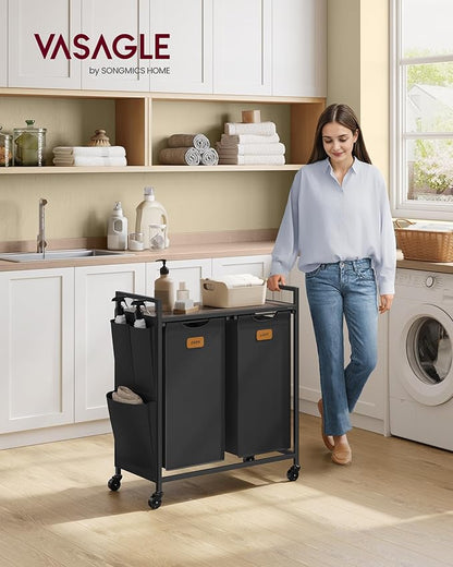 VASAGLE Laundry Hamper, Laundry Sorter Rolling Cart with Shelves, Small Side Pockets, 6 Labels, 2 Compartments, 26.4 Gal. (100 L), Ink Black and Ash Brown UBLH222BH01