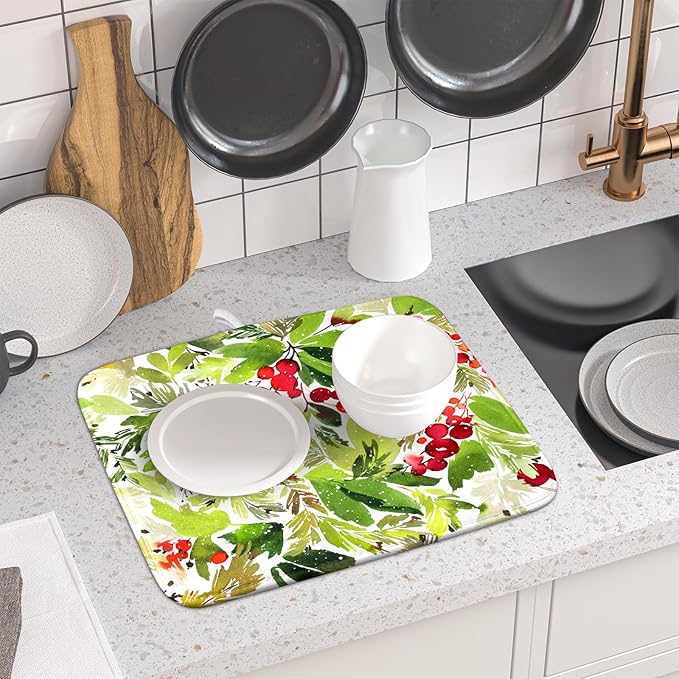 Watercolor Christmas Dish Drying Mat 16 x 18 Inch With Absorbent Reversible Microfiber Green Leaves Red Berry Xmas Drying Mats Winter Holiday Dish Drainer Mat Fast Dry For Kitchen Dining Room