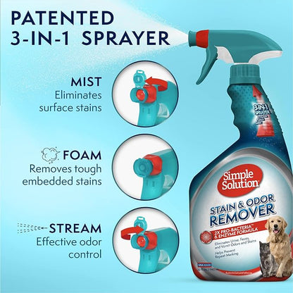 Simple Solution Stain and Odor Eliminator Spray, Enzyme Carpet Cleaner for Dogs and Cats, Pet Stain Remover and Urine Odor Eliminator, Multi Surface Pet Cleaning Solution, 32 oz (Pack of 2)
