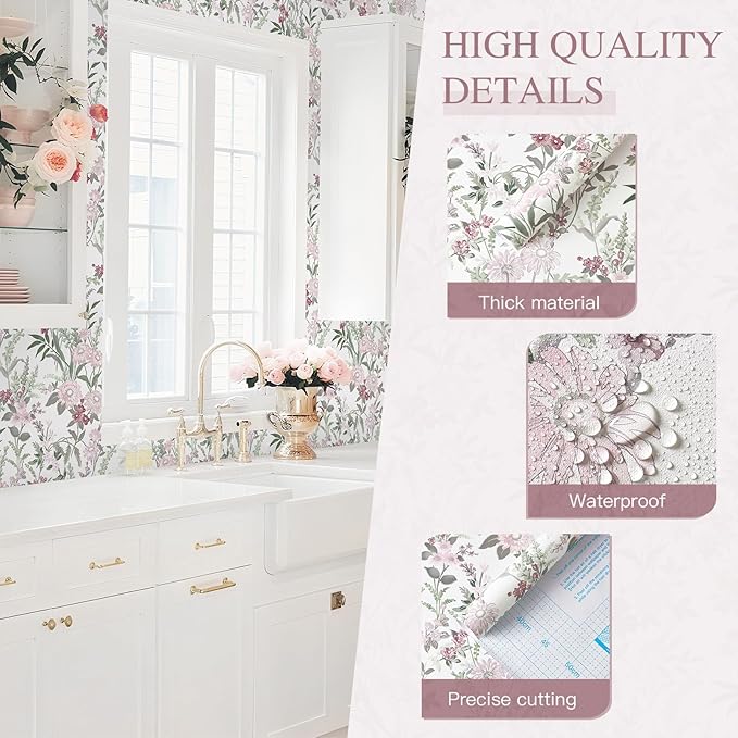 Dimoon 385"x17.3" Vintage Wallpaper Floral Peel and Stick Wallpaper Boho Contact Paper White Pink Green Cute Flower Removable Wall Paper Renter Friendly Kitchen Shelf Bathroom Self Adhesive Vinyl Roll