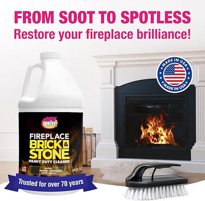 Quick 'n Brite Fireplace Brick and Stone Cleaner 64oz - Natural Stone, Tile, and Marble Cleaner with Scrub Brush - Indoor Fireplace and Wood Stove Cleaning Kit - Pellet Stove Creosote Remover