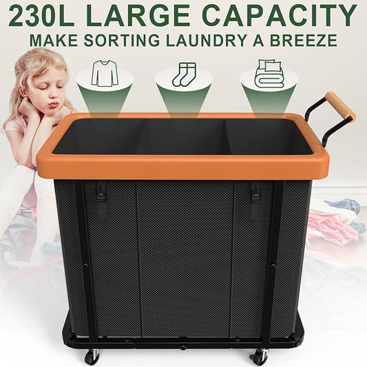 230L (60 Gal) Extra Large Fashion Laundry Sorter 3 Section with Lid, Rolling Laundry Basket Hamper with Handle, Laundry Organizer Storage Cart with Sturdy Metal Frame for Laundry Room, Hotel, Black