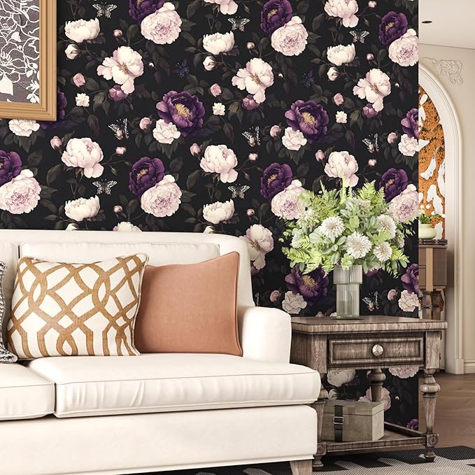 Dark Purple Floral Peelable Wallpaper, Vintage Black Botanical Flower Self Adhesive Removable Wall Paper for Bedroom Cabinet Drawer, Vinyl Retro Contact Paper Black Dark Purple 17.5In x 118In