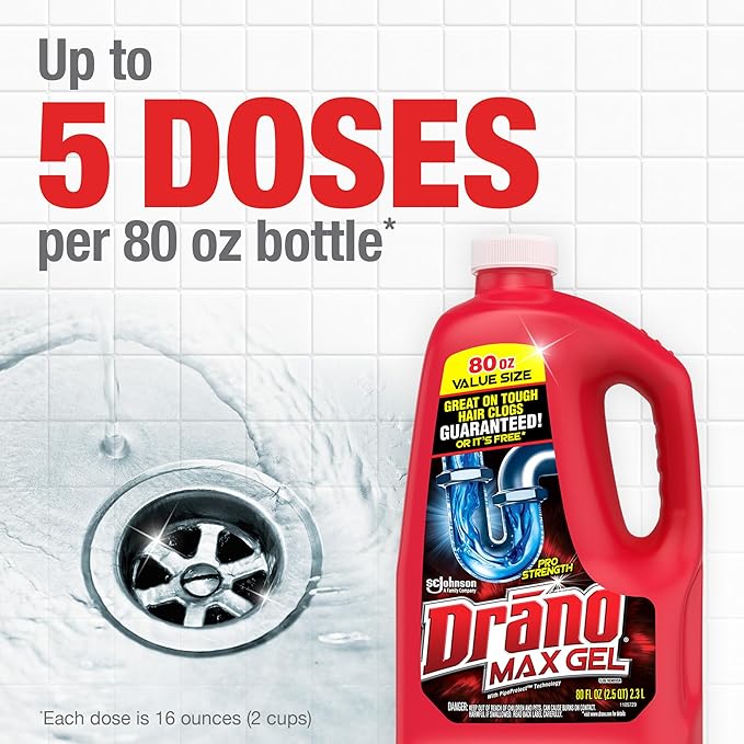 Drano Max Gel Drain Clog Remover & Cleaner, Fast-Acting to Unclog Standing Water & Remove Hair, Grease & Food Blockages, Safe for all Pipes & Septic, Kitchen Sinks, Bathroom Showers & Tubs, 80 Oz