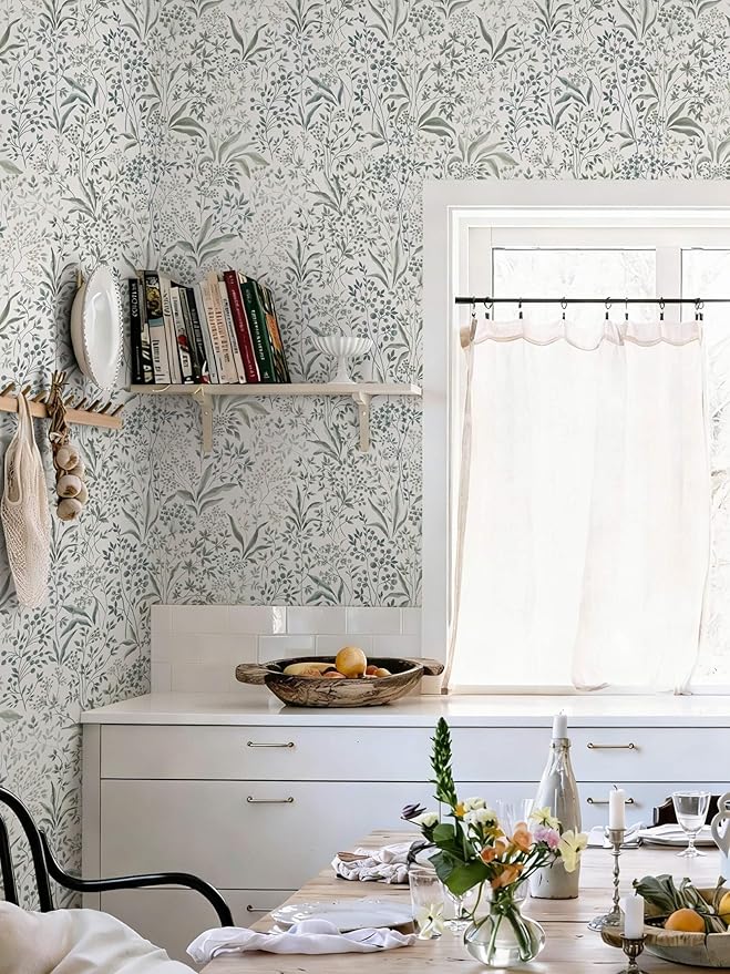 Heroad Peel and Stick Wallpaper Green Contact Paper 17.3''x78.7'' Floral Wall Paper Boho Removable Self Adhesive Wallpaper for Cabinets Drawers Liner for Bedroom Bathroom Waterproof Decor Vinyl Roll