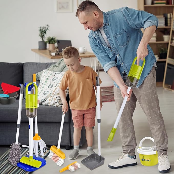 Kids Cleaning Toys Set,14PCS Toddler Cleaning Toys with Broom and Dustpan Mop Set, 2in1 Vacuum That Really Works,Toddler Vacuum Cleaner, Pretend Play Cleaning Supplies for Boys Girls Age 3-8 (Blue)