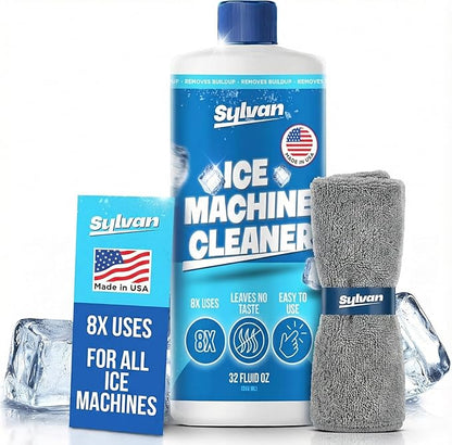 Sylvan Ice Machine Cleaner and Descaler | 32 oz (8 uses) | Free Cloth | Made in USA | Nickel Safe Ice Maker Cleaner and Descaler | Universal Compatibility for Commercial & Residential Ice Makers