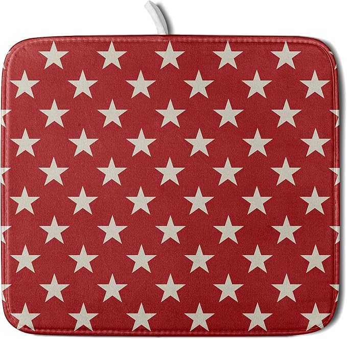 Patriotic July of 4th Red Star Dish Drying Mat for Kitchen Counter 16x18 Memorial Independence Day Absorbent Reversible Microfiber Drying Mats Kitchen Countertop Protector Dishes Drainer Rack Pad