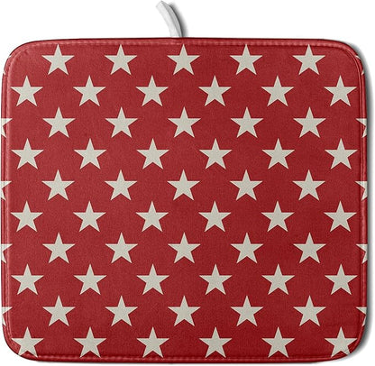 Patriotic July of 4th Red Star Dish Drying Mat for Kitchen Counter 16x18 Memorial Independence Day Absorbent Reversible Microfiber Drying Mats Kitchen Countertop Protector Dishes Drainer Rack Pad