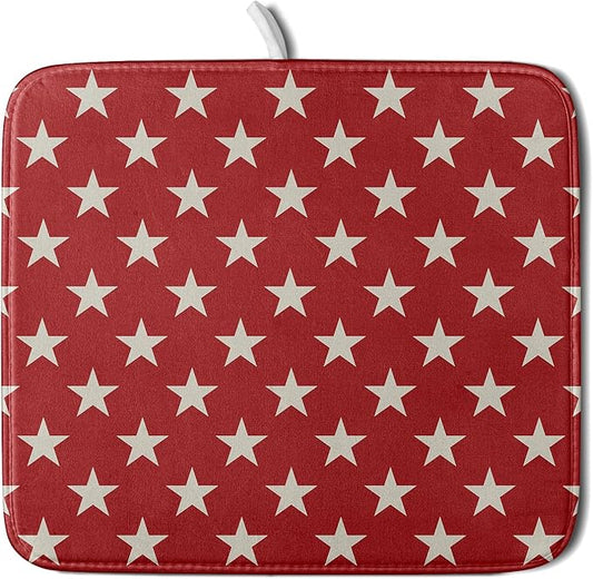 Patriotic July of 4th Red Star Dish Drying Mat for Kitchen Counter 16x18 Memorial Independence Day Absorbent Reversible Microfiber Drying Mats Kitchen Countertop Protector Dishes Drainer Rack Pad