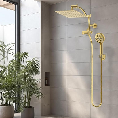 Hibbent All Metal cUPC Certified Shower Head, 10'' High Pressure Rain Shower Head, Handheld Showerhead Combo with 16'' Adjustable Extension Arm, 10 Sprays, 71'' Hose, Shower Holder, Brushed Gold
