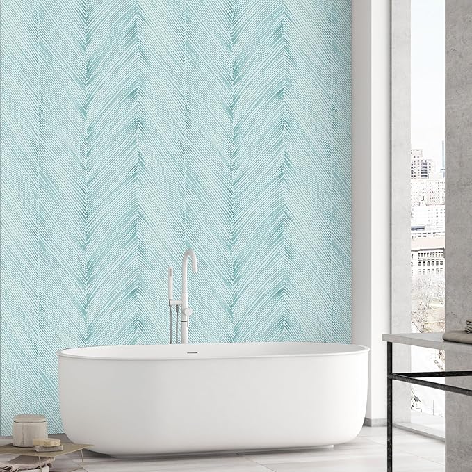 Modern Peel and Stick Wallpaper A Set of 17.3"x1200" Teal Green Herringbone Striped Wall Paper Boho Self-Adhesive Removable Contact Paper for Cabinets Bathroom Bedroom Wall Decor