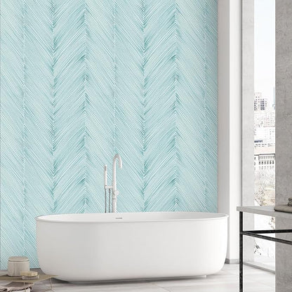 Modern Peel and Stick Wallpaper A Set of 17.3"x480" Teal Green Herringbone Striped Wall Paper Boho Self-Adhesive Removable Contact Paper for Cabinets Bathroom Bedroom Wall Decor