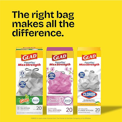 Glad ForceFlex MaxStrength XL Kitchen Trash Bags, 20 Gal, Fresh Clean, 80 Ct (Package May Vary)