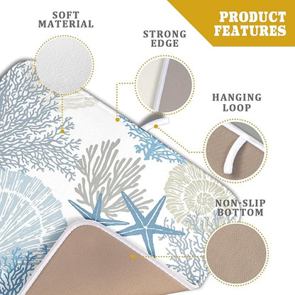 Nautical Coastal Dish Drying Mat for Kitchen Counter,Summer Ocean Themed Seashell Coral Starfish Drying Mat 16 x 18 Inch with High Absorbent Microfiber Dish Drying Drainer Mat for Coffee Bar