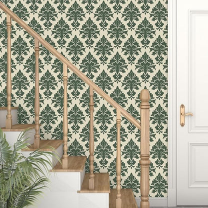 Vintage Green Floral Symmetrical Wallpaper Peel and Stick 17.5" x 118" Boho Leaf Pattern Self Adhesive Cantact Paper, Waterproof Removable Vinyl Wall Covering for Bedroom Living Room Cabinet