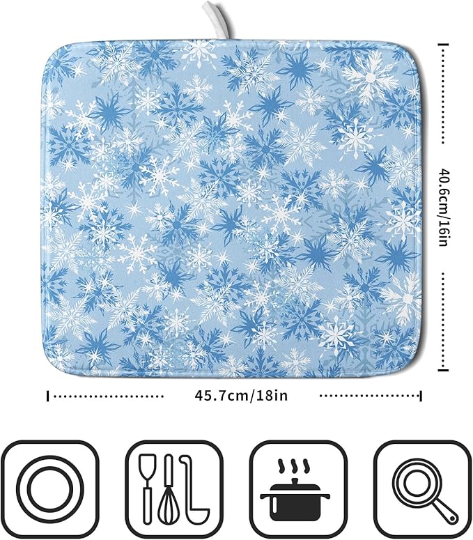 Winter Snowflake Dish Drying Mat for Kitchen Counter Blue White Christmas Snowflake Drying Mat 16x18 Inch Xmas Holiday Absorbent Dish Drainer Mat Christmas Kitchen Accessories