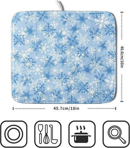 Winter Snowflake Dish Drying Mat for Kitchen Counter Blue White Christmas Snowflake Drying Mat 16x18 Inch Xmas Holiday Absorbent Dish Drainer Mat Christmas Kitchen Accessories