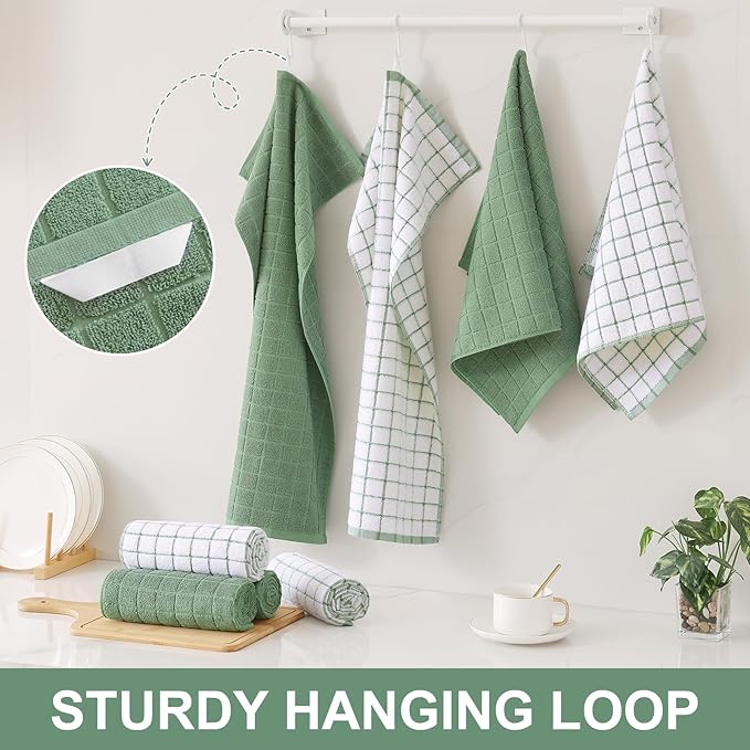 Homaxy Premium Cotton Kitchen Towels 16"x 28", Large Natural Ring Spun 390 GSM Dish Towels, Super Absorbent Terry Kitchen Hand Towels, Soft Tea Towels with Hanging Loop, Grass Green Check, 6 Pack