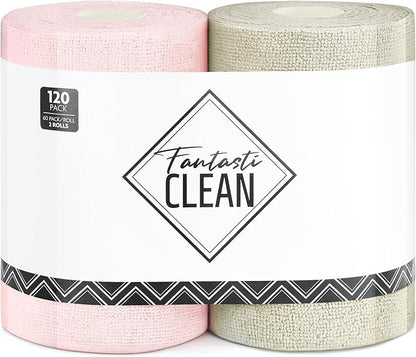 Fantasticlean Microfiber Cleaning Cloth Roll 2 Rolls 120 Pack, Tear Away Paperless Towels, 8" x 8", Reusable Washable Rags, House Kitchen, Pet, Office, Indoor Outdoor, Portable (Pink and Off-White)