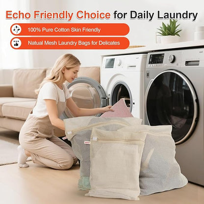 MADIKA 100% Cotton Mesh Laundry Bags, Organic Cotton Laundry bags, No Dye, Set of 4, Natural