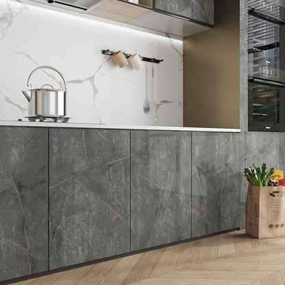 JSEVEM 16"×118" Darker Cyan Gold Pattern Marble Wallpaper Peel and Stick Waterproof Faux Glossy Textured Dark Grey Marble Contact Paper Vinyl Kitchen Granite Wall Stickers for Bedroom Bathroom Walls