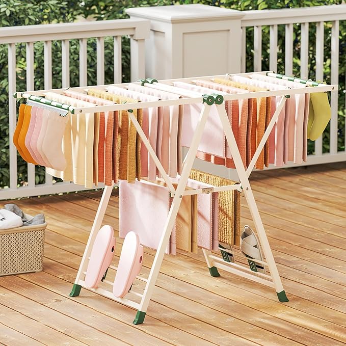 Giantex Clothes Drying Rack, Foldable Metal Laundry Drying Rack with Height Adjustable Wings, 16 Drying Rails, Sock Clips & Shoe Racks, Freestanding Clothing Stand for Indoor & Outdoor, Beige