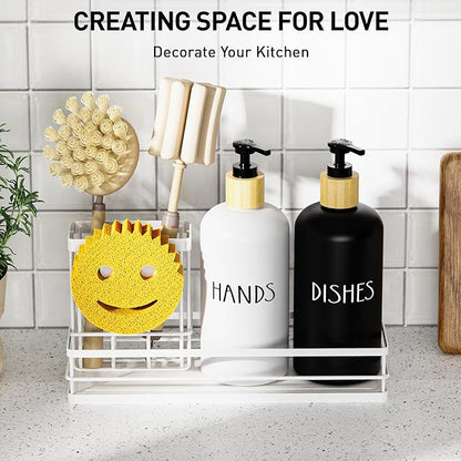 Moforoco Kitchen Dish Soap Dispenser Set, 16OZ Glass Bottle, Hand and Dish Soap Dispenser Set, Instant Dry Tray, Non-Slip Silicone Pad, Brush Holder with Smiley Face Sponge Holder, Kitchen Decor