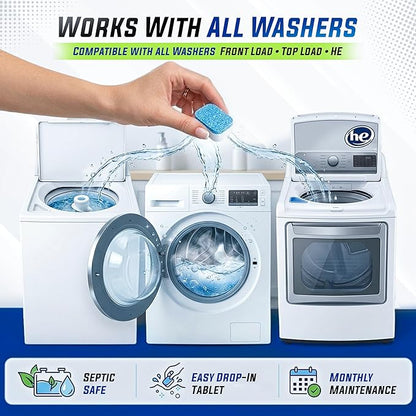 Washing Machine Cleaner Tablets 25 Pack – Rinses Away Pet Hair Trapped by Residue & Buildup, Compatible with Front Load, Top Load & HE Washers, Reaches Drum, Seal, Hoses & Pipes for Deep cleaning