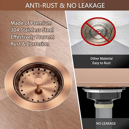Kitchen Sink Drain Copper 3-1/2 Inch Stainless Steel Kitchen Drain Strainer Assembly Kit with Strainer Basket and Drain Stopper for Standard Sink Drains Antique Copper