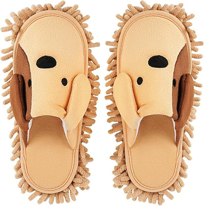 Cartoon Dog Mop Slippers Microfiber Clean Dusting Slippers Detachable Mopping Shoes for Office Home Room (Khaki)