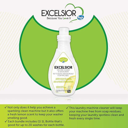 Excelsior HE Washing Machine Cleaner and Deodorizer, Removes Odors & Residues for 20 Cleanings of High Efficiency Washers, Lemon Scent, 1 Liter Bottle
