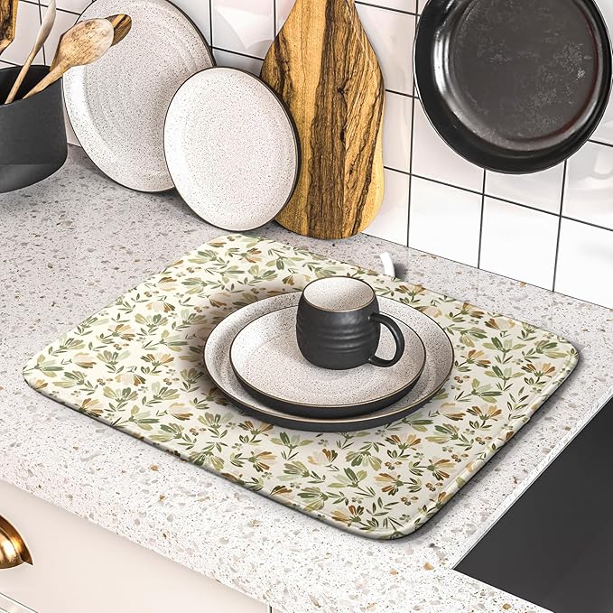 Spring Summer Daisy Floral Leaf Dish Drying Pad 16 x 18 Inch With Absorbent Reversible Microfiber Green Brown Leaves Flowers Drying Mats Dish Drainer Mat Fast Dry For Kitchen Dining Room Decoration