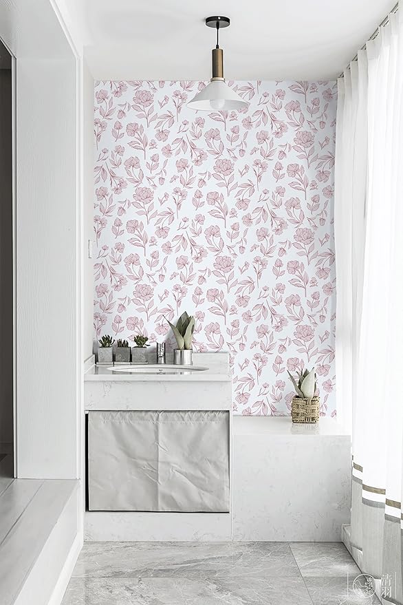 Timeet Floral Peel and Stick Wallpaper Pink and White Wallpaper Removable Self-Adhesive Contact Paper for Bedroom Bathroom Vintage Wall Paper for Walls Covering 17In×196.8In
