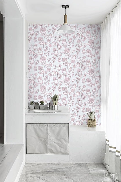 Timeet Floral Peel and Stick Wallpaper Pink and White Wallpaper Removable Self-Adhesive Contact Paper for Bedroom Bathroom Vintage Wall Paper for Walls Covering 17In×196.8In