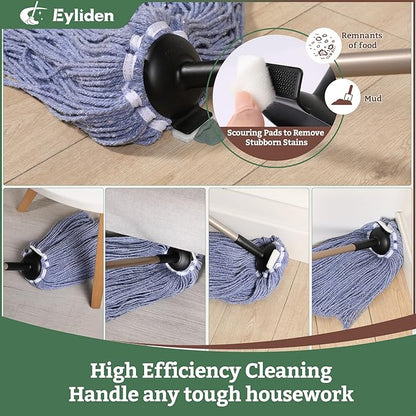 Eyliden Heavy Duty Floor Mop with Non-Touch Replacement | 2 Reusable Cotton Heads + 4 Scouring Pads | Wet & Dry Mops for Home & Commercial, Kitchen, Garage & Office Floor Cleaning, Blue
