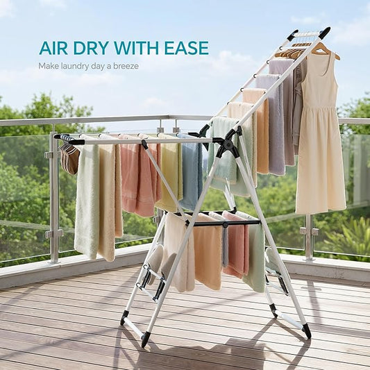 RUIE Clothes Drying Rack with 2 Tier Adjustable Design, 21 Rails Heavy Duty Laundry Drying Rack with Side Clips and Shoe Holders, Foldable Clothes Drying Rack for Indoor and Outdoor Use