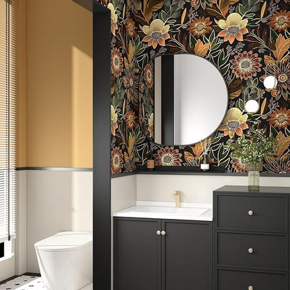 Laatse Boho Wallpaper Peel and Stick Dark Floral Wallpaper for Cabinet Vintage Contact Paper Waterproof Self Adhesive Removable Modern Wall Paper for Bedroom Stair Bathroom 17.5in x118in