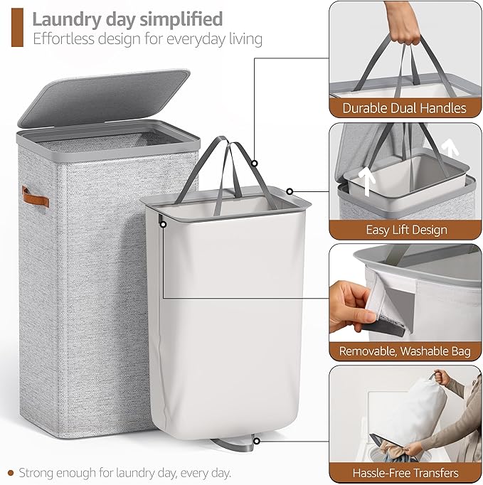 Sorbus Laundry Hamper with Lid - Collapsible Fabric Laundry Basket with Handles and Removable Laundry Bag – 26.5 Gallon (100 L) Dirty Clothes Hamper for Bedroom, bathroom and dorm - 2 Pack (Gray)