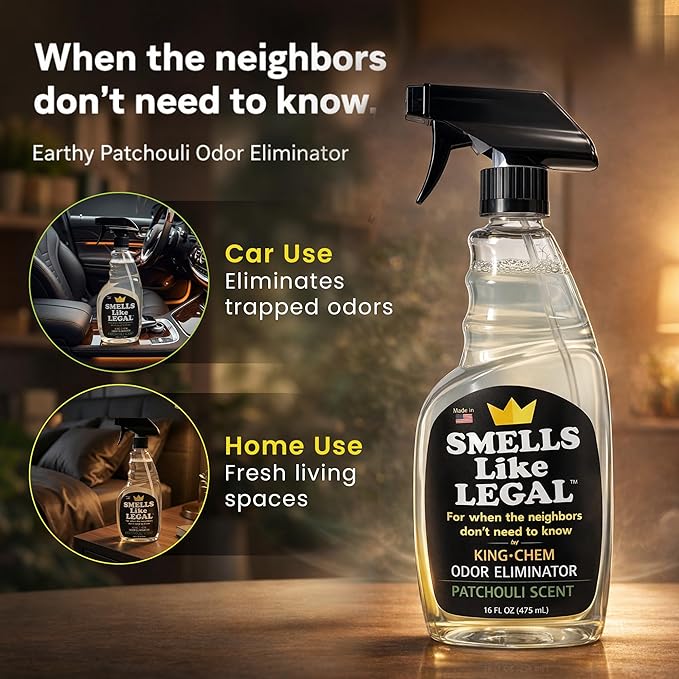 Smells Like Legal™ Patchouli Odor Eliminator Spray – Powerful Commercial-Grade – Eliminates Smoke, Pet & Food Odors at source – Fabric-Safe, Non-Staining – Biodegradable Air & Fabric Freshener – 16 oz