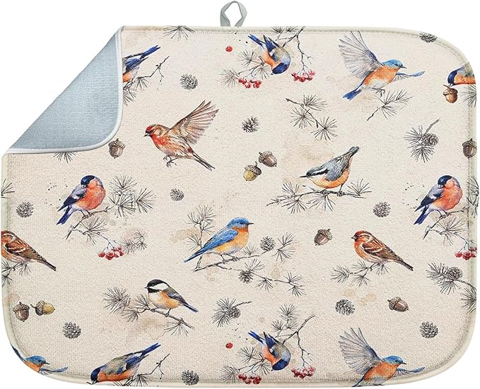 Sanwarm Absorbent Dish Drying Mat, Vintage Birds Watercolor Cute Floral Microfiber Pad for Kitchen Counter, Coffee Bar Decor, Heat Resistant and Reversible, 16" x 18"