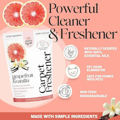 Merry & Gold Carpet Freshener & Deodorizer Powder - 31oz | Grapefruit Vanilla |Pet Odor Eliminator for Strong Odors | Safe in Homes with Pets | Made in USA | Natural Ingredients (Grapefruit & Vanilla)